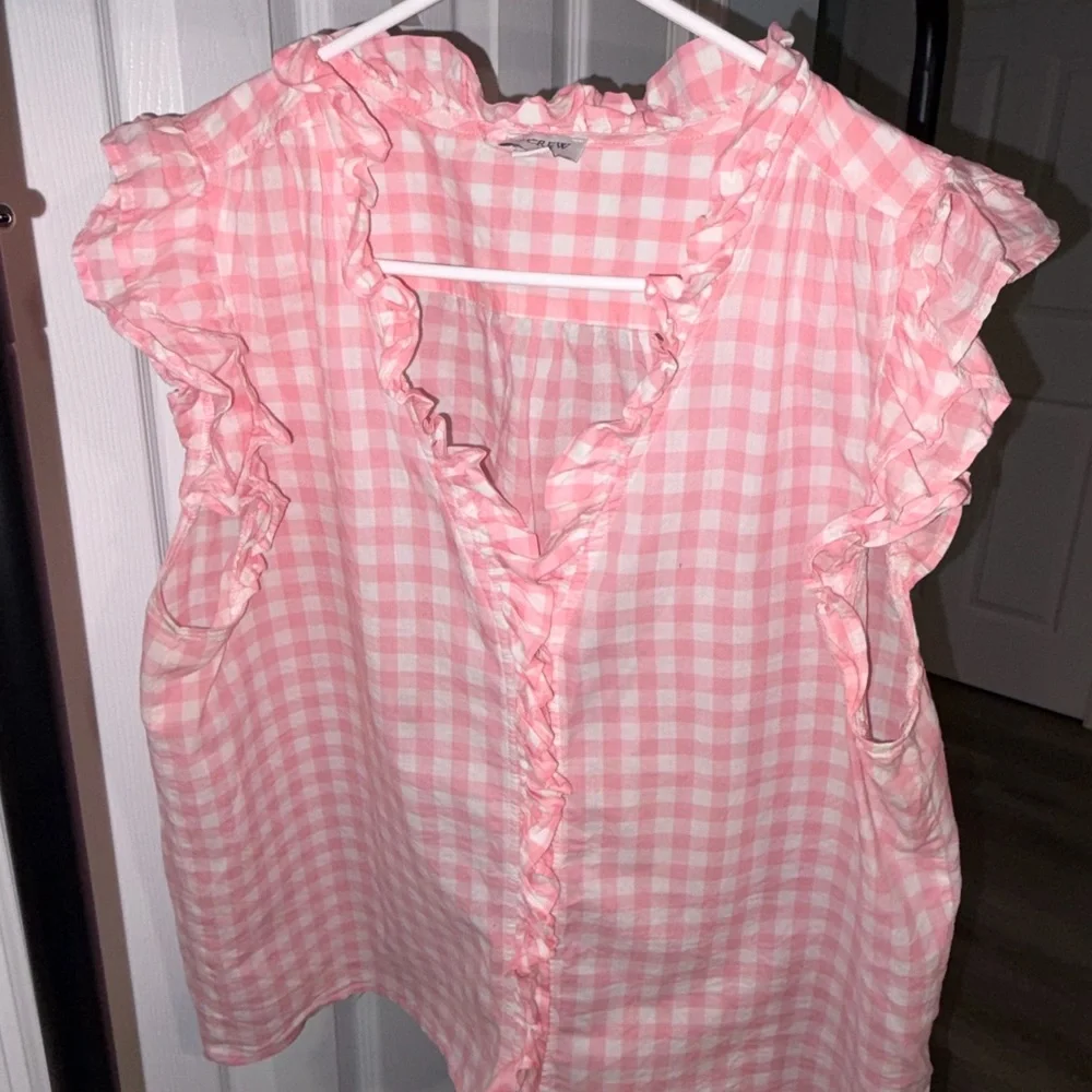 J. Crew Pink Gingham Ruffle V-Neck Sleeveless Blouse